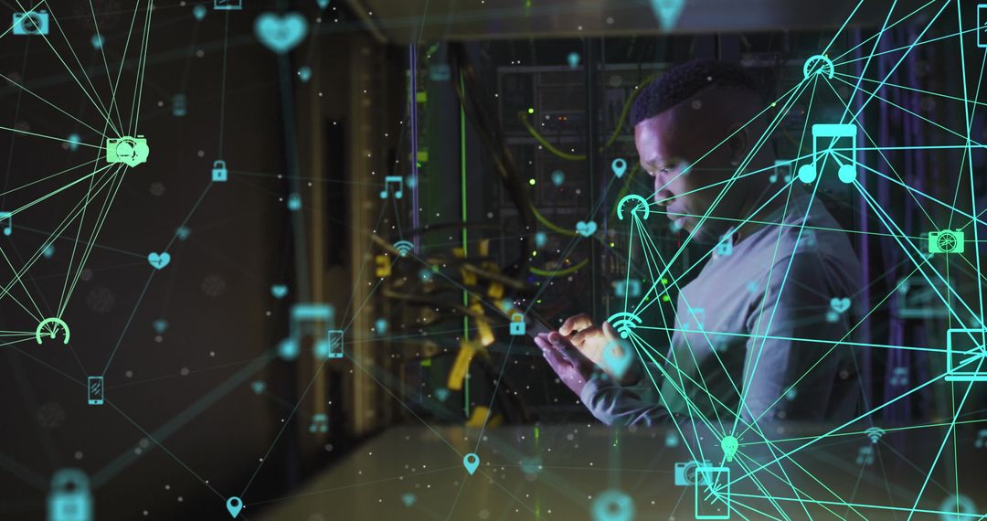 Digital Network Overlay on Plus Size African American Male in Server Room