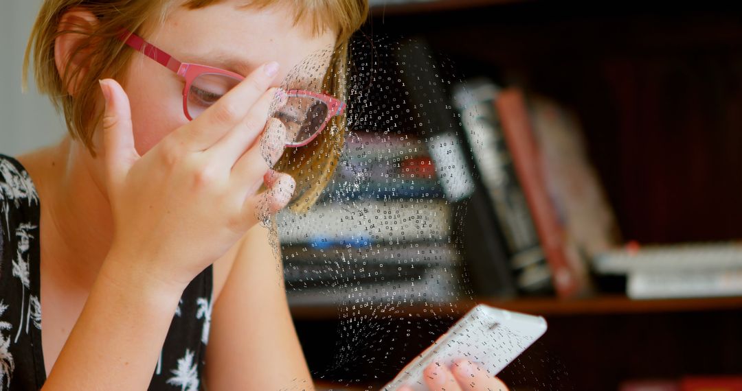 Young Girl Focused on Smartphone with Digital Graphic Overlay
