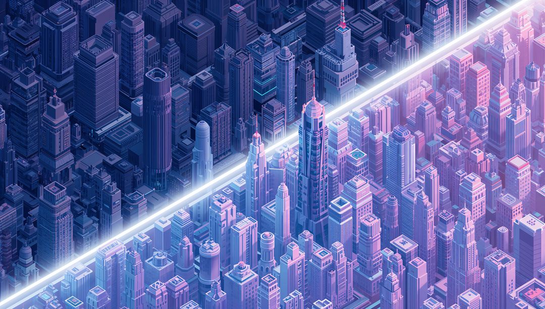 Cutting Neon Beam Bisecting Futuristic Isometric Metropolis at Night with Skyscrapers
