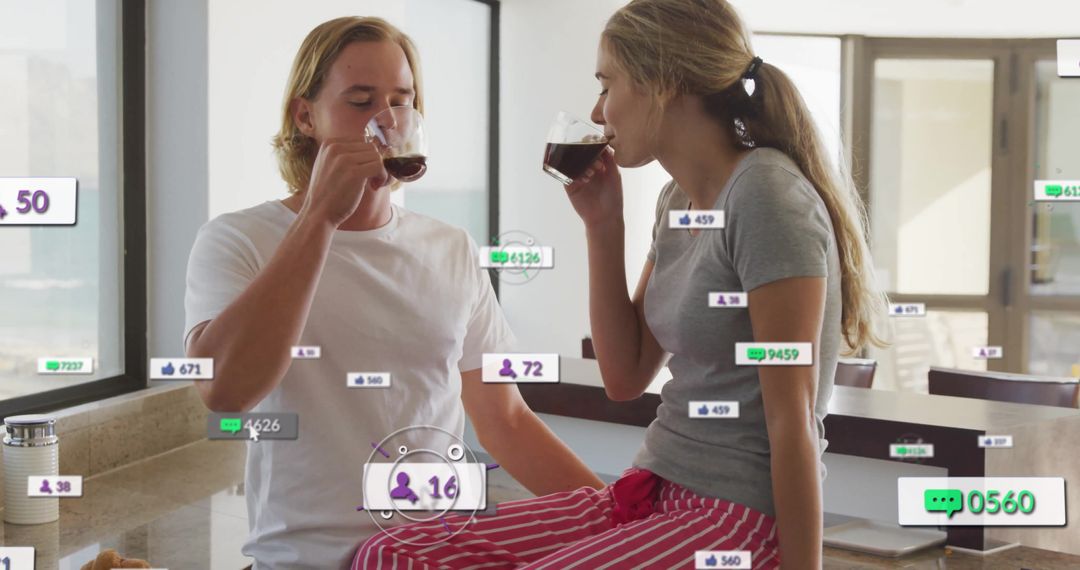 Couple Drinking Coffee with Social Media Icons Overlaid