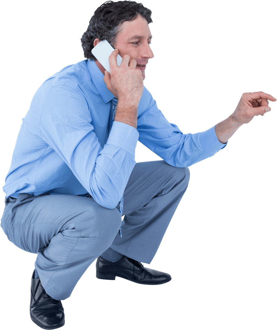 Transparent Businessman on Phone, Squatting and Engaging Finger Point