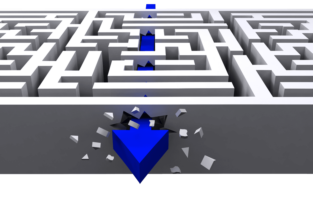Blue Arrow Breaking Through Labyrinth on Transparent Background