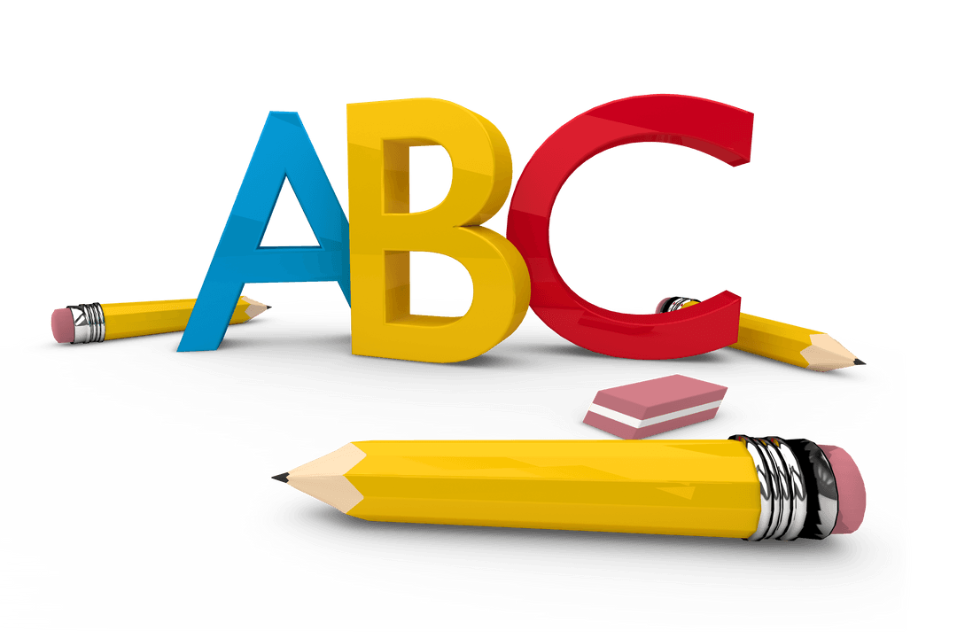 Bright ABC Letters with Yellow Pencils on Transparent Background