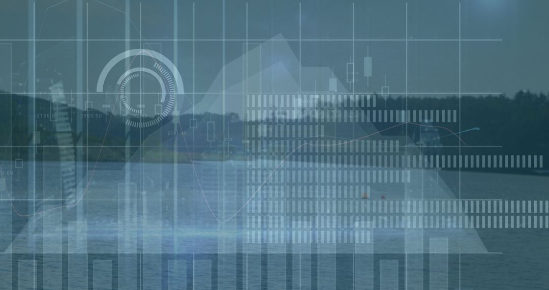 Digital Data Analysis Overlaying Scenic Lake Panorama