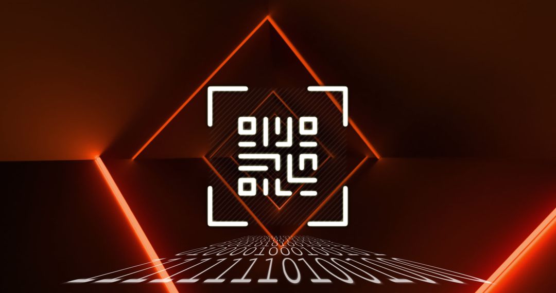 Glowing qr code with binary overlay and neon red highlights