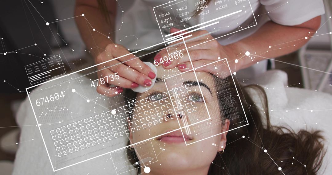 Esthetician Applying Facial Cotton Pad with Futuristic HUD Overlay for Skincare Tech