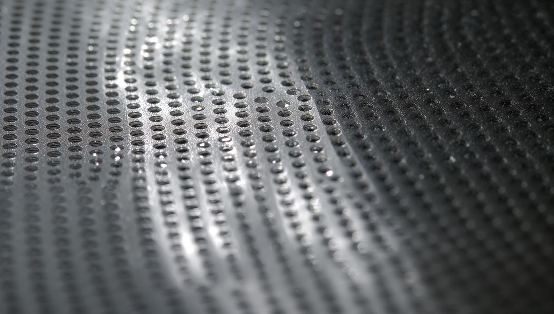 Perforated Metallic Panel Showing Circular Holes, Glossy Reflection and Abstract Texture