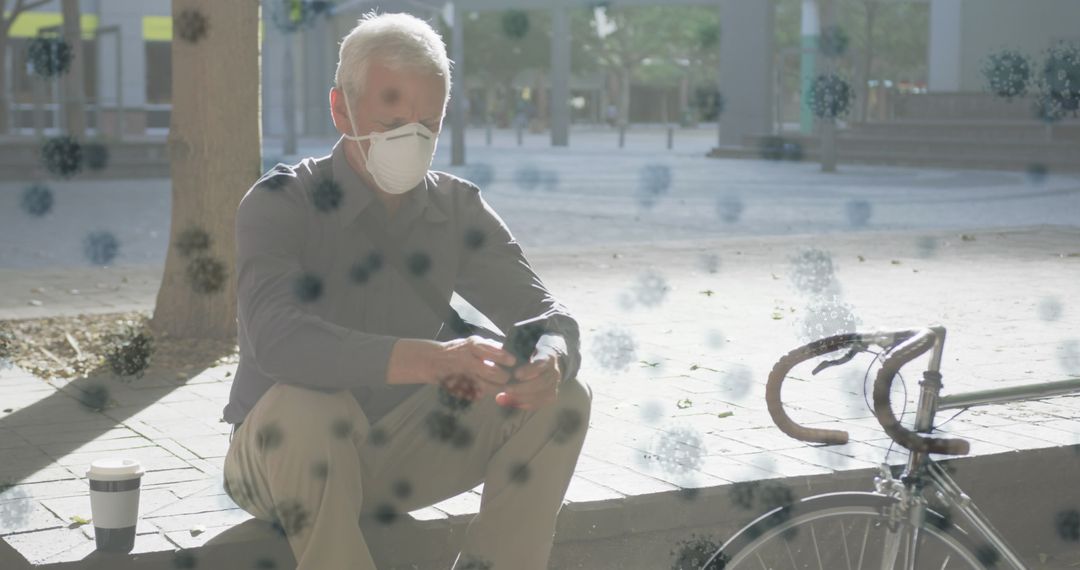 Senior Man with Face Mask using Phone among Digital Virus Imagery
