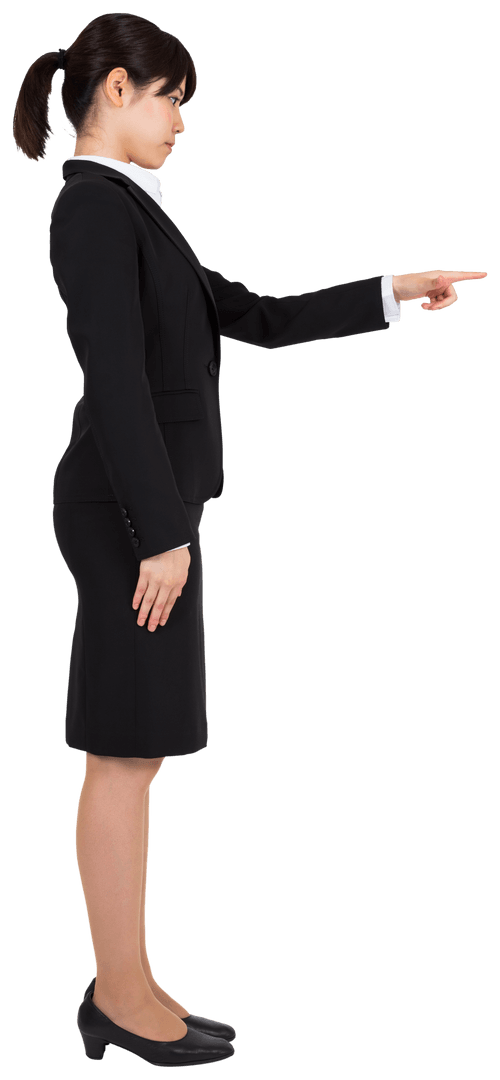 Transparent Businesswoman Pointing with Intensity in Profile