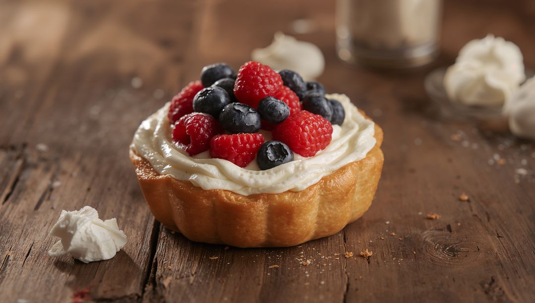 Rustic Berry Tart Topped with Whipped Cream, Fresh Raspberries and Blueberries