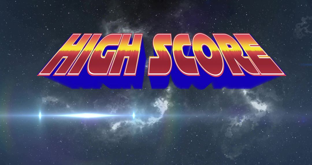 Retro Neon 3D HIGH SCORE Logotype Over Cosmic Nebula with Lens Flare and Drop Shadow