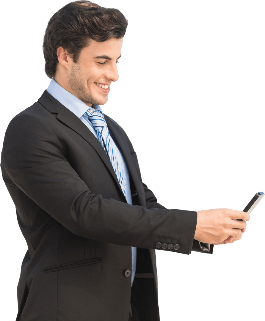 Smiling Businessman Using Smartphone Transparent Background