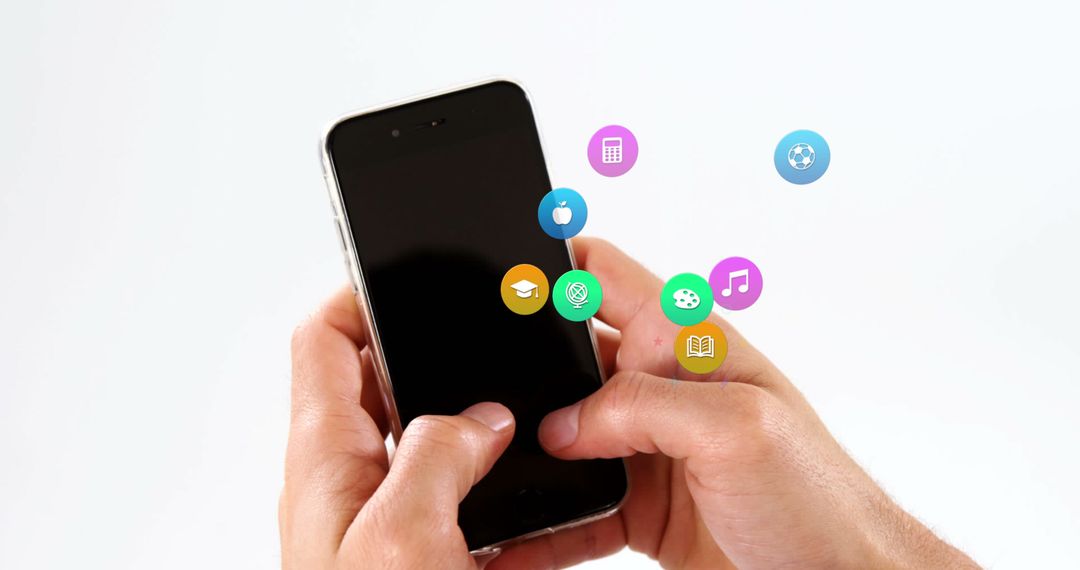 Hands Using Smartphone with Colorful Digital Interface Icons