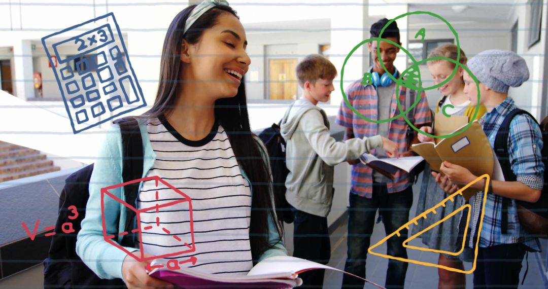 Smiling Teen Student in High School Hallway with Math Concepts Overlay