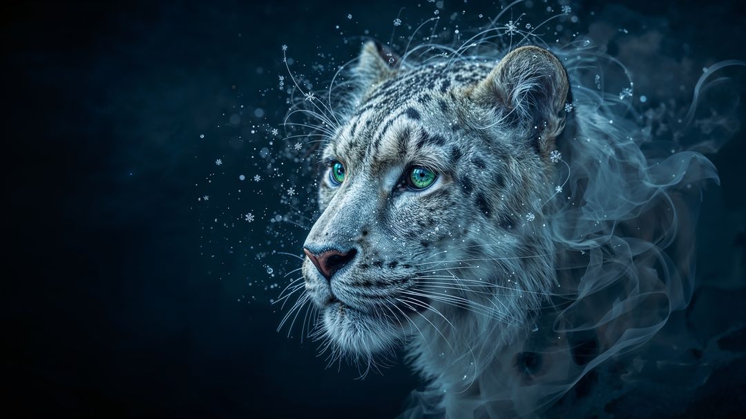 Mystical Snow Leopard with Teal Eyes in Surreal Mist