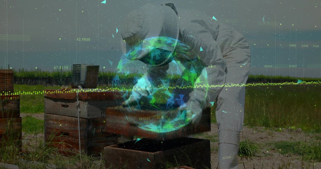 Beekeeper Analyzing Data Overlay in Rural Apiary Setting
