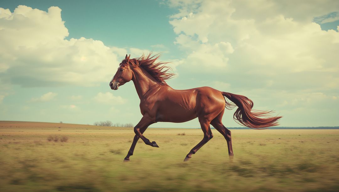 Chestnut Horse Galloping Across Grassland Under Cloudy Sky