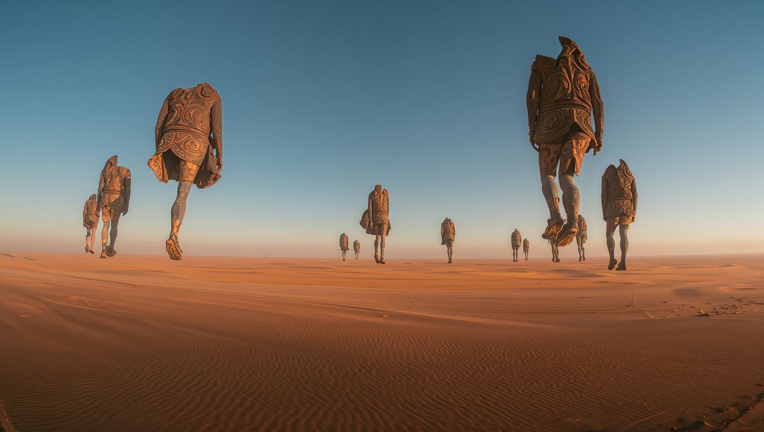 Mystical Sculptures Hovering Over Desert Sand Dunes