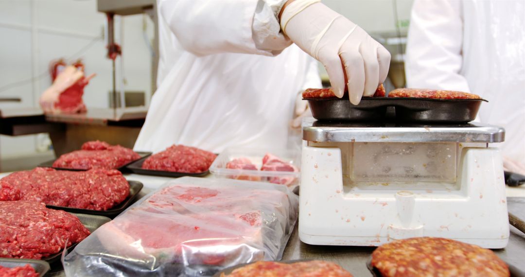 Butcher Preparing Raw Meat and Burgers in Packaging Facility - Free Images, Stock Photos and Pictures on Pikwizard.com