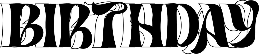 Ornate black calligraphic birthday text on transparent background