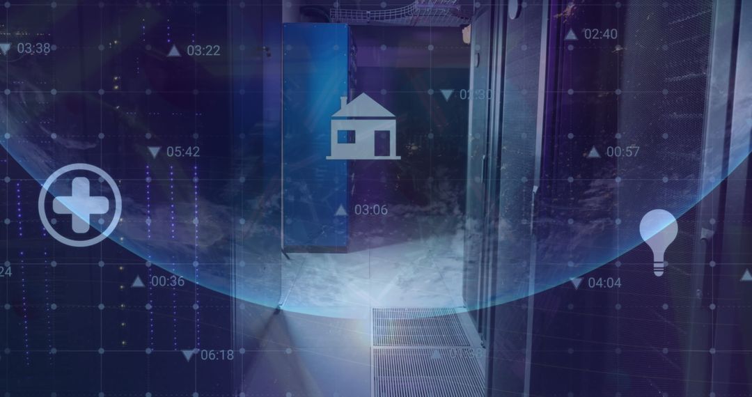 Futuristic Digital Interface in Server Room with Globe Overlay