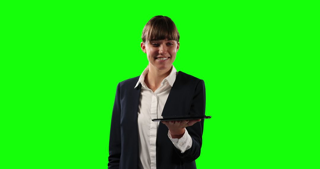 Smiling Businesswoman Holding Tablet Device on Green Screen Background - Free Images, Stock Photos and Pictures on Pikwizard.com