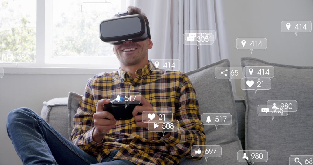 Engaged Man Experiencing Virtual Reality Gaming at Home