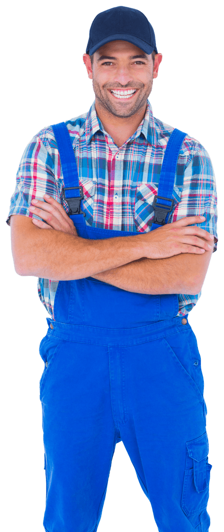 Smiling Handyman in Blue Coveralls with Cap on Transparent Background