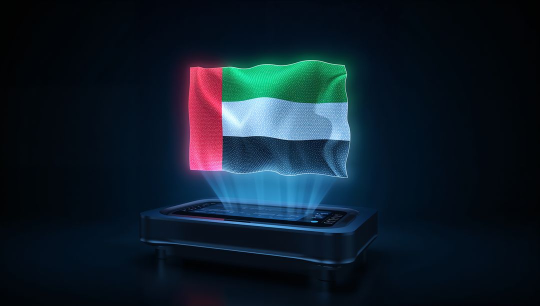 Holographic UAE Flag Projecting from Futuristic Device with Blue Light Beams