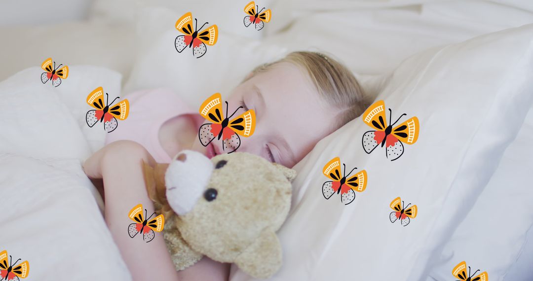 Child Dreaming with Teddy Bear Surrounded by Butterflies - Free Images, Stock Photos and Pictures on Pikwizard.com