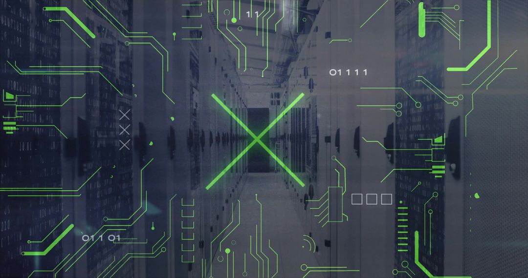 Futuristic Data Center Corridor with Green Digital Overlay