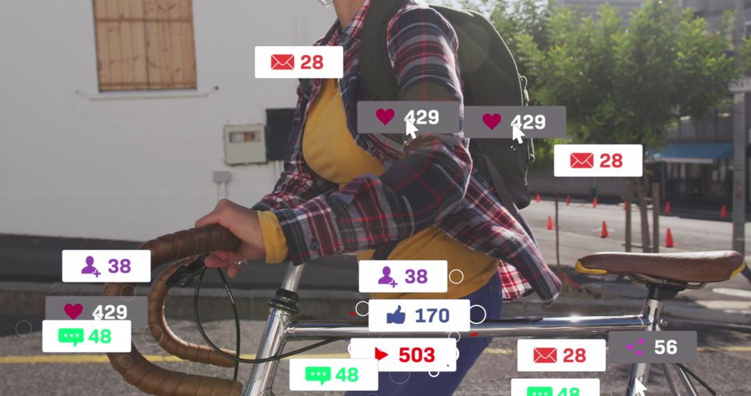 Woman Using Smartphone While Riding Bicycle, Engaging with Social Media