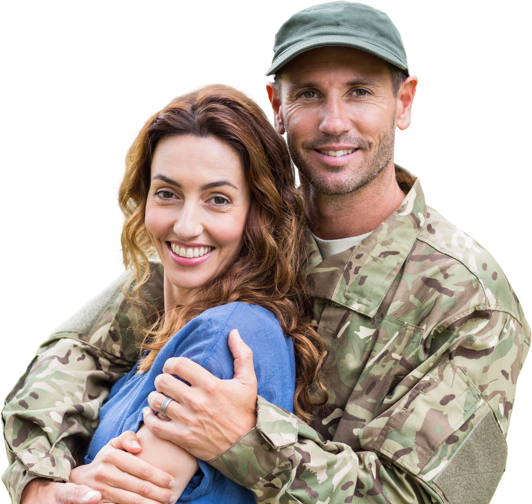 smiling woman embracing soldier in camouflage uniform on transparent background - Download Free Stock Images Pikwizard.com