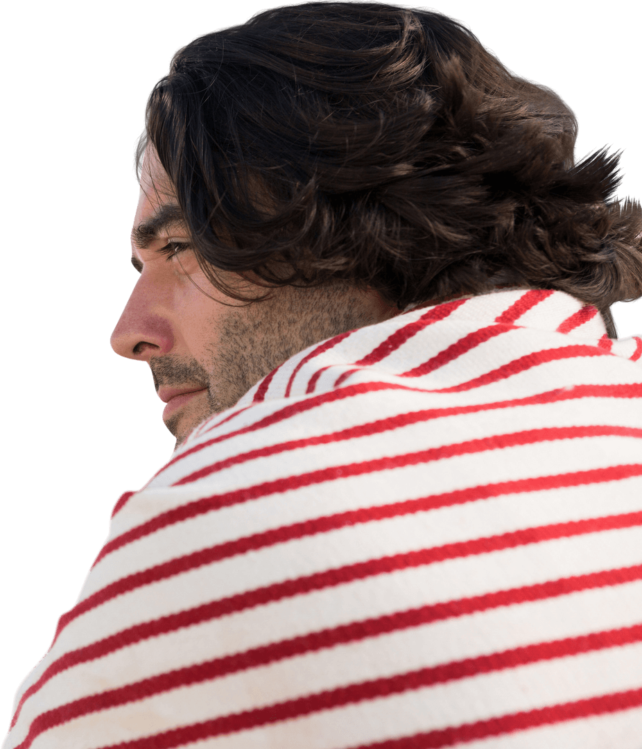 Caucasian Man with Striped Towel Over Shoulders, Transparent Background