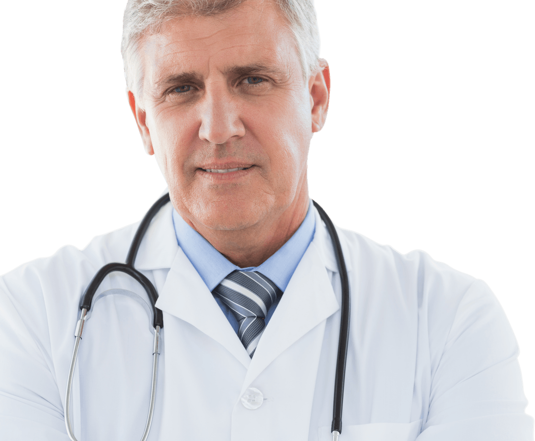 Transparent Background of Confident Male Doctor in Lab Coat with Stethoscope