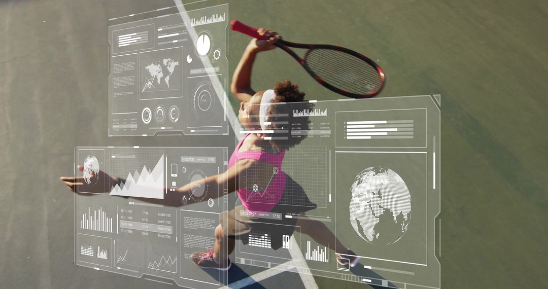 Dynamic Tennis Player Analyzing Data with Digital Analytics
