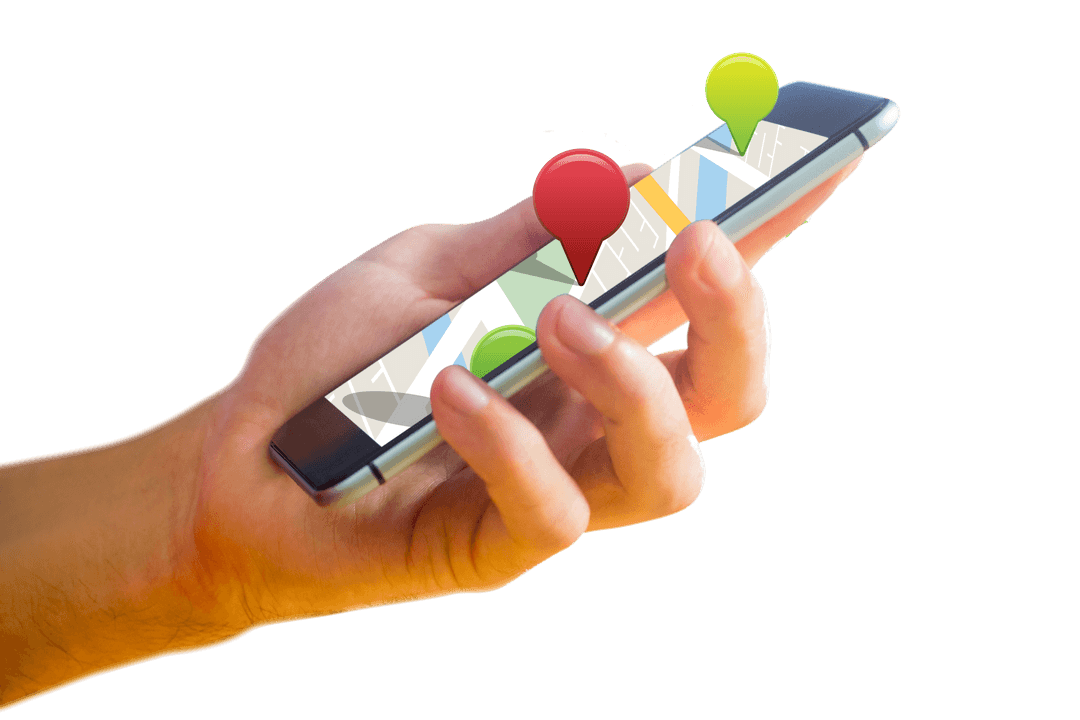 Hand Holding Phone with Digital Map and Location Pins