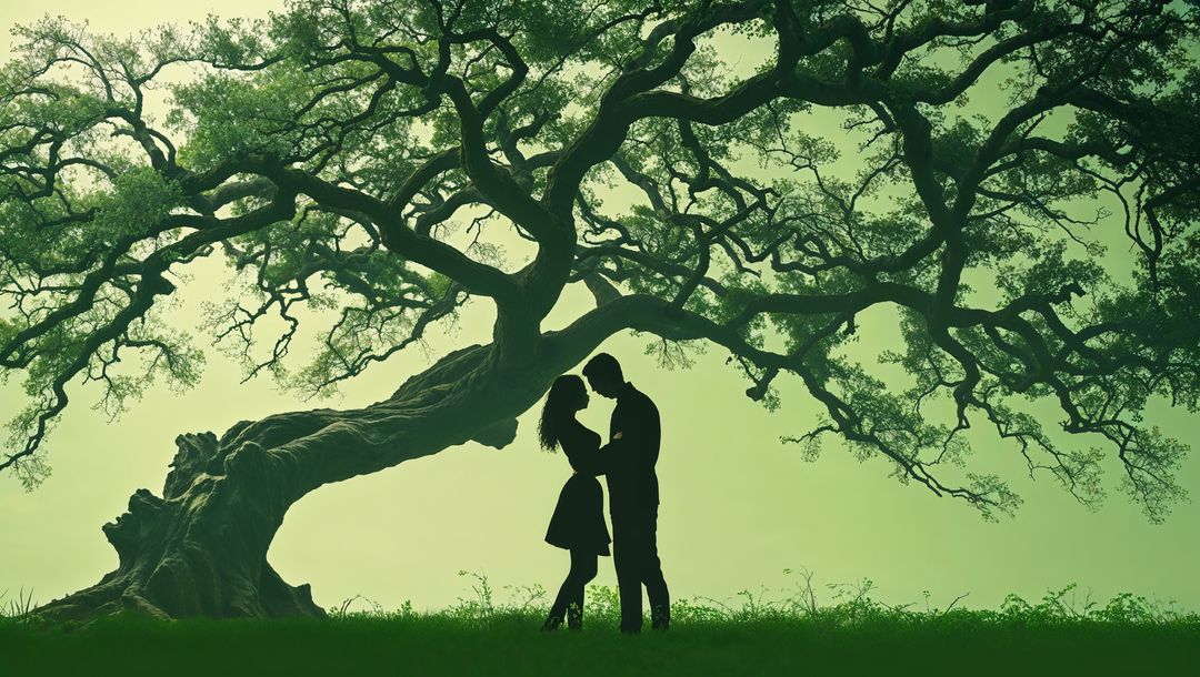 Silhouetted cute couple embracing under majestic tree