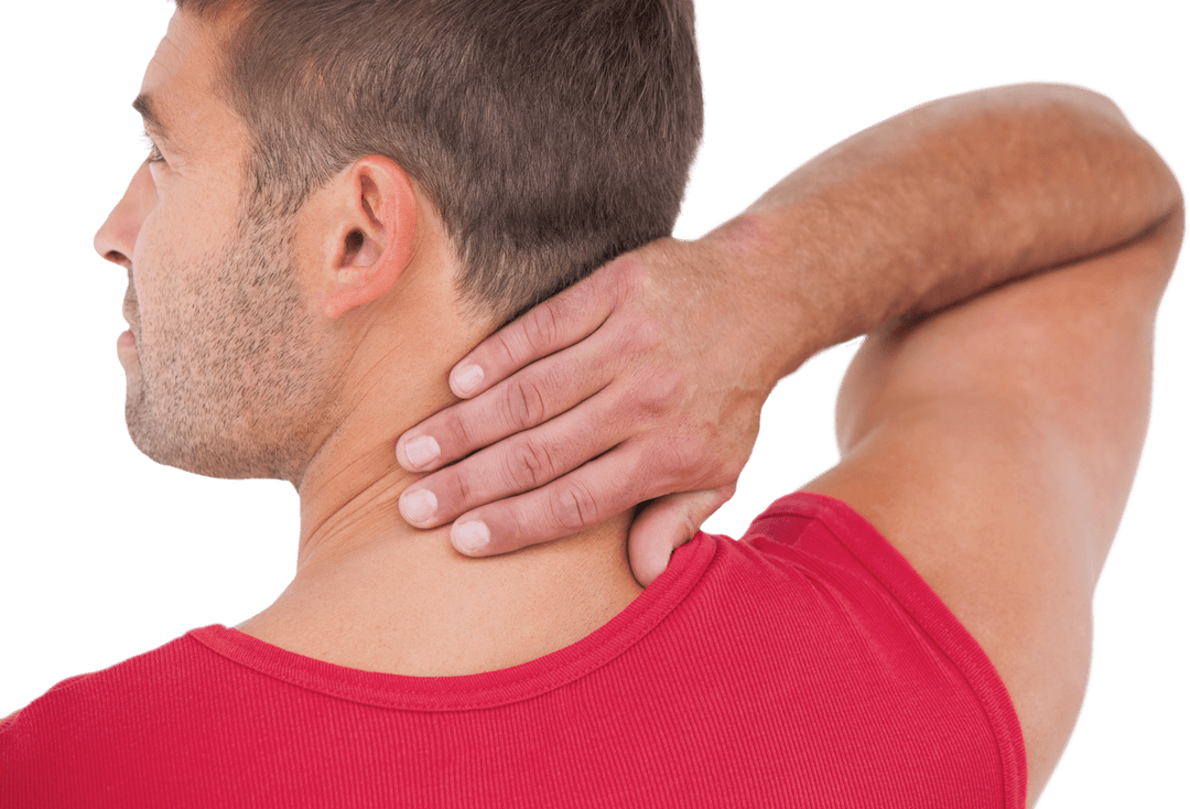 Man in Red Shirt Holding Neck in Transparent Background