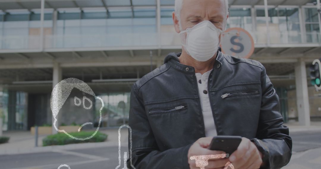 Senior Man Wearing Face Mask Using Phone Symbollizing COVID-19 Awareness