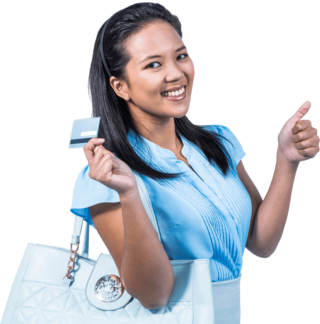 Smiling Woman Holding Credit Card with Transparent Background