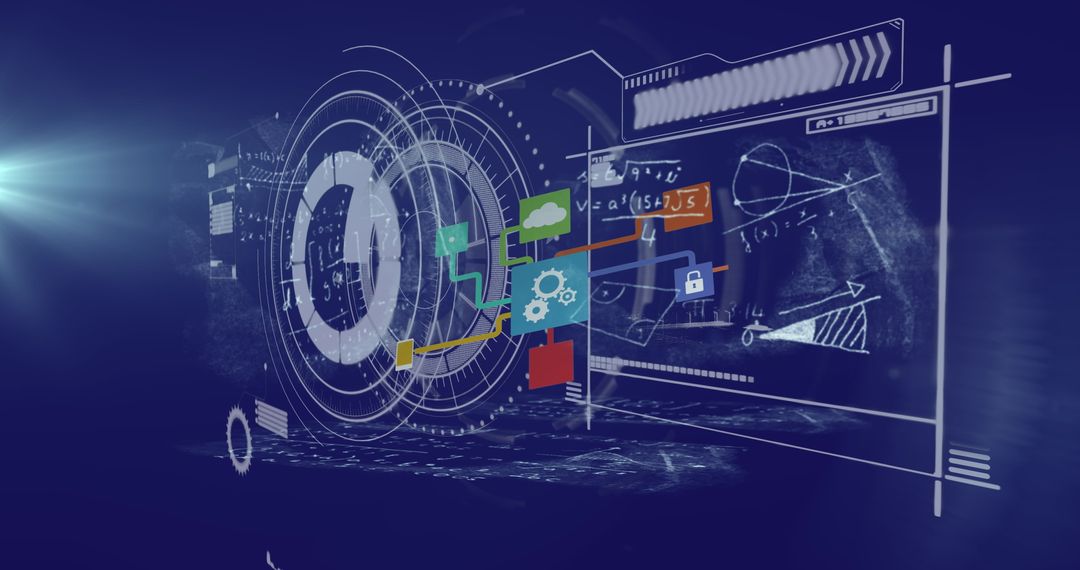 Digital Interface with Data Processing Elements on Blue Background