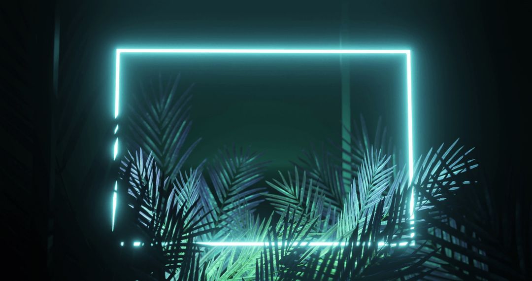 Tropical Leaves and Neon Light Rectangle on Black Background