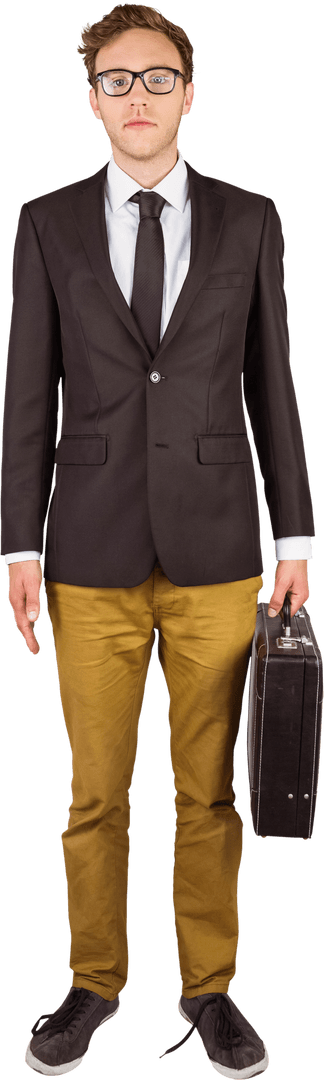 Transparent Young Geeky Businessman Holding Briefcase
