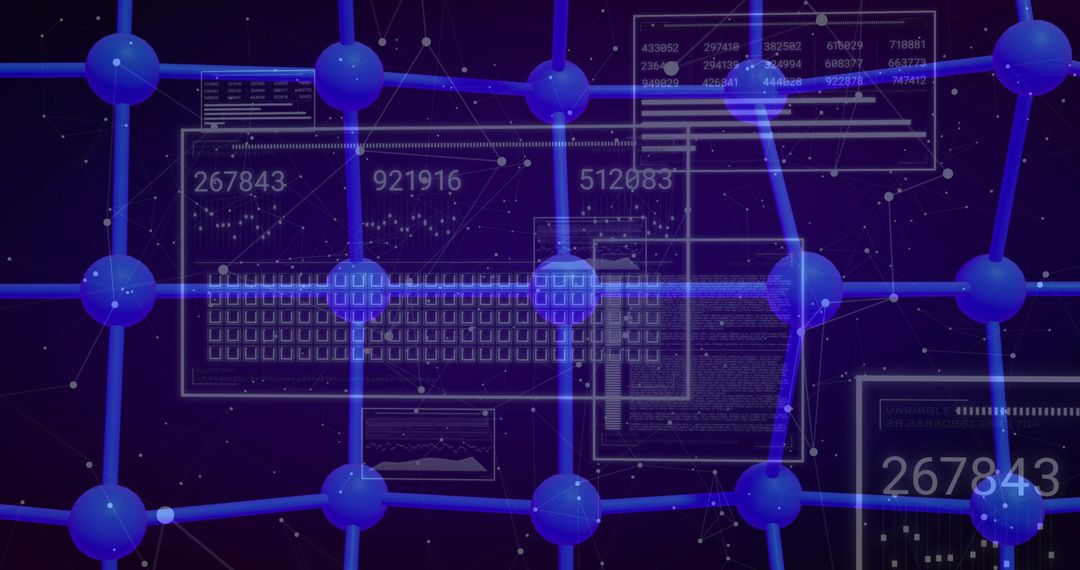 Glowing Blue Network Grid Connecting Shiny Nodes and Floating Data Panels for Tech Concept