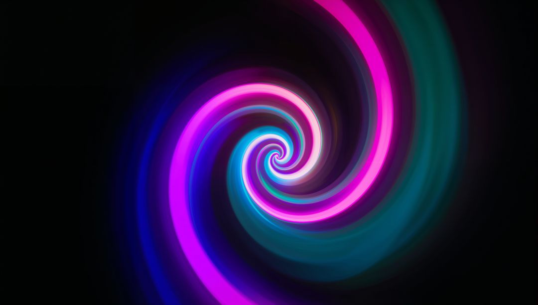 Neon Spiral Vortex Rotating Inward with Glowing Pink Teal Cyan Bands and Motion Depth