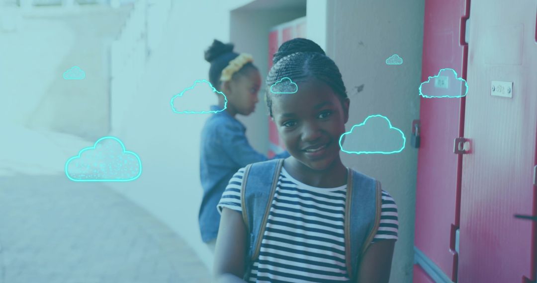 Smiling Students Near Lockers with Digital Cloud Icons