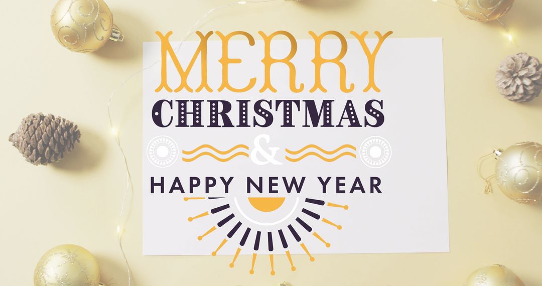 Merry Christmas Card with Pinecones and Golden Decorations