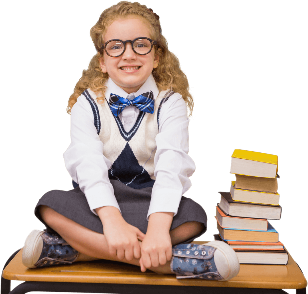 Happy Student Sitting on Desk with Books in Classroom Setting Transparent Background