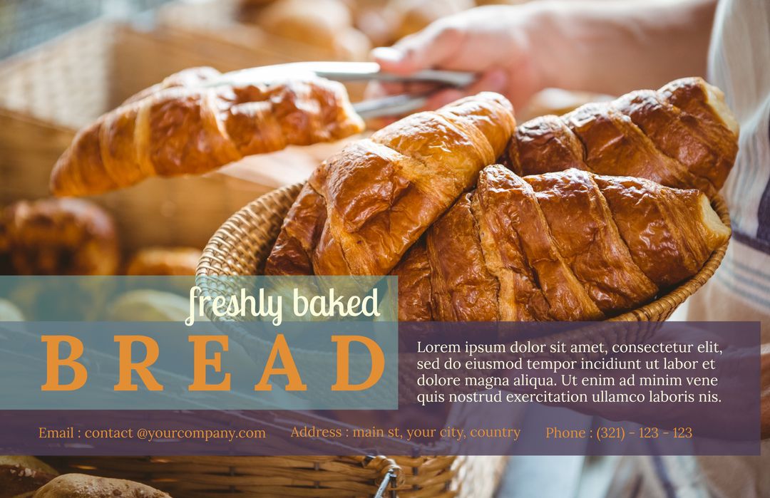 Golden Freshly Baked Croissants in Bread Basket with Contact Information - Download Free Stock Templates Pikwizard.com